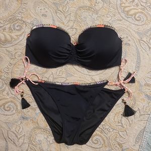 Victorias Secret Strapless 34DD Swim Top Medium Tie Side Bottom Set Embroidered